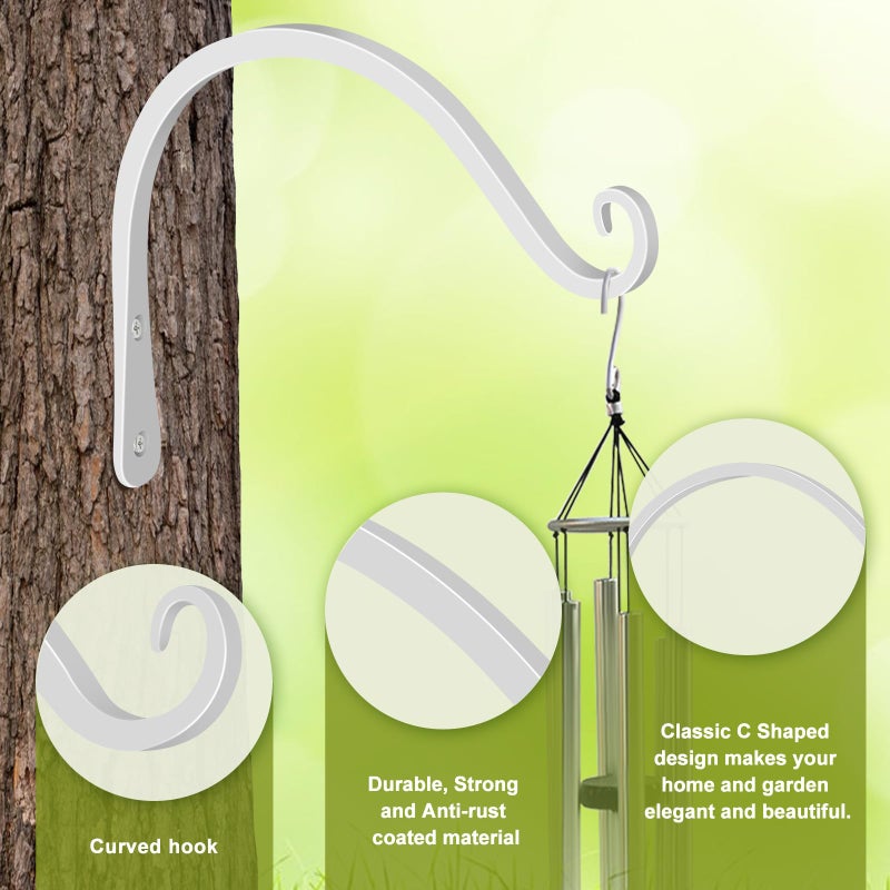 FEED GARDEN خطافات حائط حديدية مزخرفة من فيد جاردن، خطافات تعليق نباتات معدنية منحنية، للاستخدام الداخلي/الخارجي لتعليق مغذيات الطيور، أجراس الرياح، سلال الزهور، حصيرة اليوغا، (بيضاء، 8 بوصة 2 عبوة) - Image 3